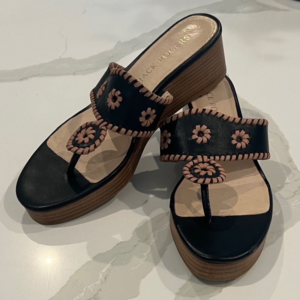Jack Rogers Black Stacked Mid-Wedge Sandals with Tan Floral Stitching